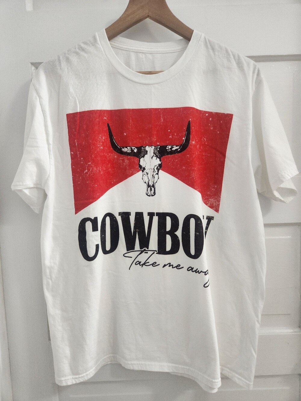 White 'Cowboy' Graphic Tee with Red Accent Mens L